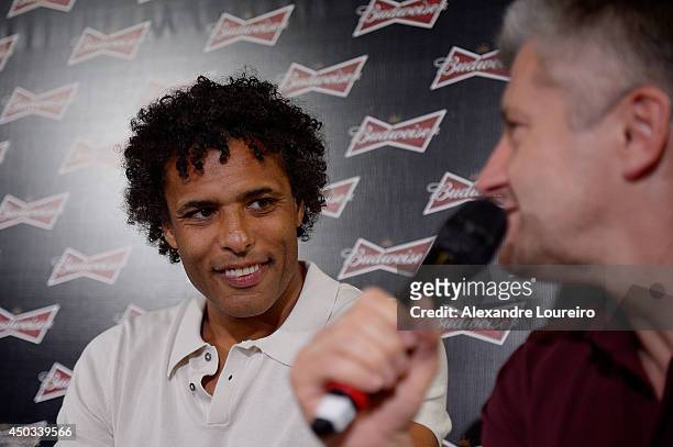 Pierre van Hooijdonk and Davor Suker , former FIFA World Cup players, talks to the media during the press conference presented by Budweiser at...