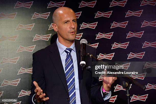 Jean Francois Pathy, representative of FIFA talks to the media during the press conference presented by Budweiser at Budweiser Hotel by Pestana on...