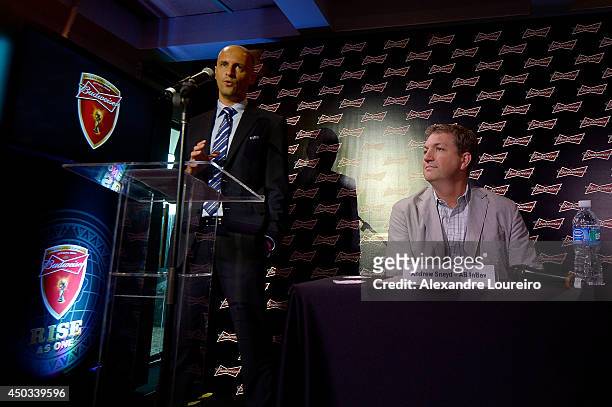 Jean Francois Pathy, representative of FIFA talks to the media during the press conference presented by Budweiser at Budweiser Hotel by Pestana on...