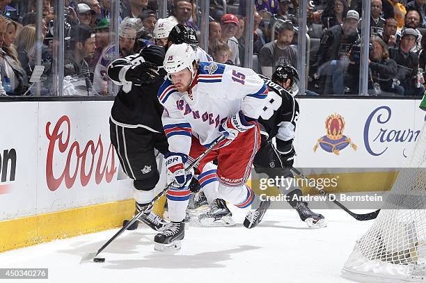 Derek Dorsett of the New York Rangers skates against the Los Angeles Kings in Game Two of the 2014 NHL Stanley Cup Final at Staples Center on June 7,...