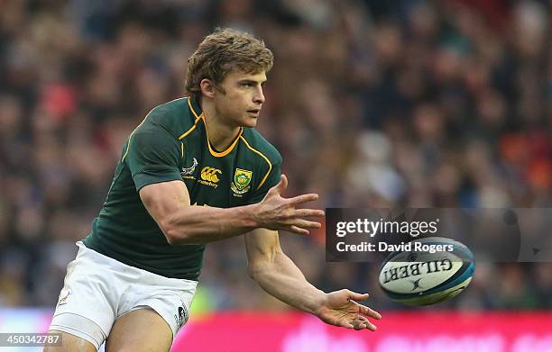 Pat Lambie of South Africa passes the ball during the International match between Scotland and South Africa at Murrayfield Stadium on November 17,...