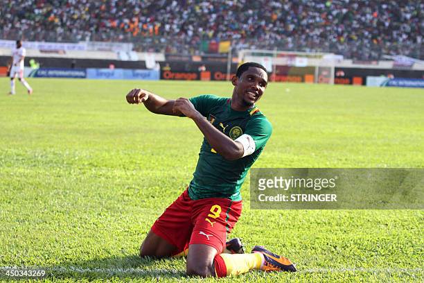Cameroon striker Samuel Eto'o on November 17, 2013 after his team defeated Tunisia in a 2014 FIFA World Cup second leg qualifying football match in...