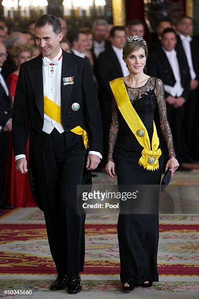 Prince Felipe of Spain and Princess Letizia of Spain attend a Dinner in honour of Mexican President Enrique Pena Nieto at The Royal Palace on June 9,...