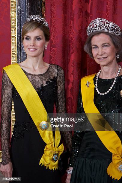 Queen Sofia of Spain and Princess Letizia of Spain attend a Gala Dinner in honour of Mexican President Enrique Pena Nieto at The Royal Palace on June...