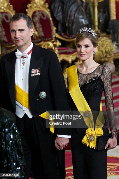 Prince Felipe of Spain and Princess Letizia of Spain attend a Dinner in honour of Mexican President Enrique Pena Nieto at The Royal Palace on June 9,...