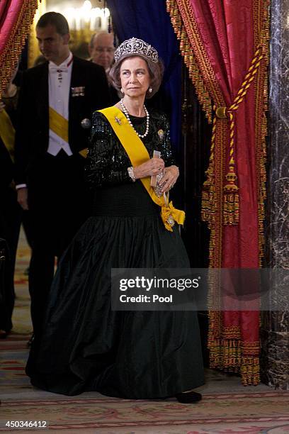 Queen Sofia of Spain attends a Dinner in honour of Mexican President Enrique Pena Nieto at The Royal Palace on June 9, 2014 in Madrid, Spain.