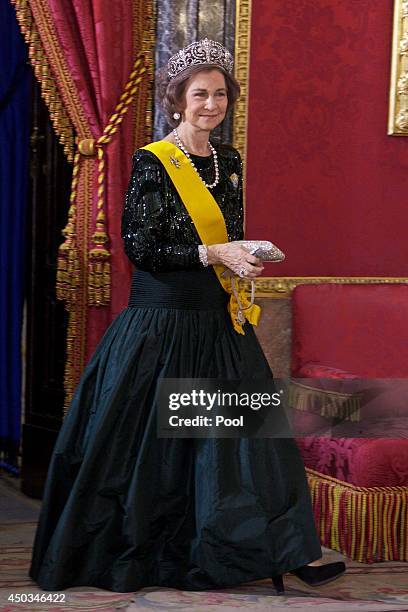 Queen Sofia of Spain attends a Dinner in honour of Mexican President Enrique Pena Nieto at The Royal Palace on June 9, 2014 in Madrid, Spain.