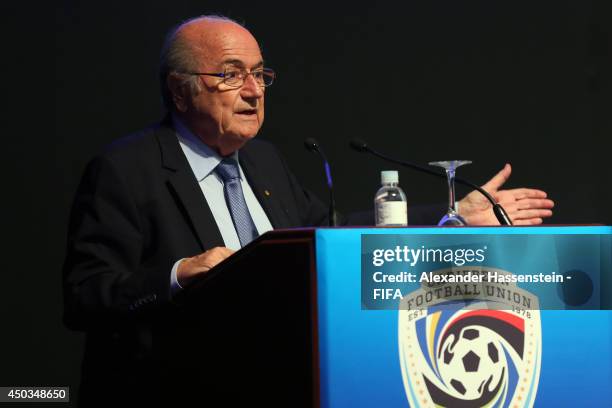 President Joseph S. Blatter speaks at the CFU confederation congress at Sheraton Sao Paulo WTC hotel on June 9, 2014 in Sao Paulo, Brazil.