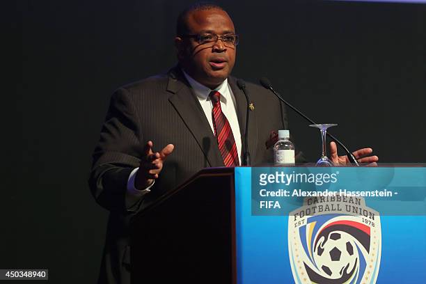 Gordon L.A. Derrick, President of the CFU speaks at the CFU confederation congress at Sheraton Sao Paulo WTC hotel on June 9, 2014 in Sao Paulo,...
