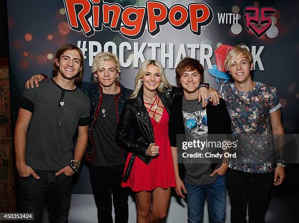 Rocky Lynch, Ross Lynch, Rydel Lynch, Ellington Ratliff, and Riker Lynch attend the Pop/Rock Sensation R5 and Ring Pop Premiere #RockThatRock Music...