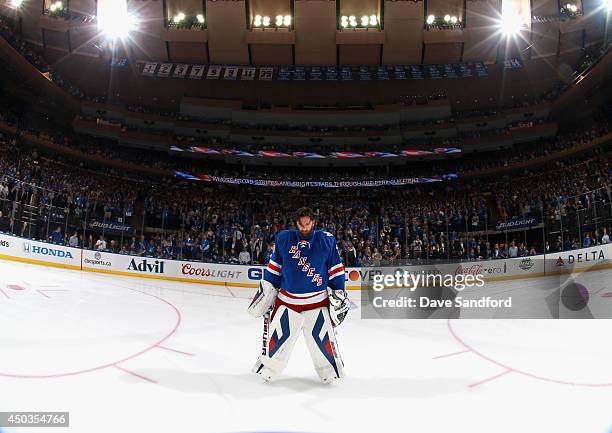 Goaltender Henrik Lundqvist of the New York Rangers on the ice before taking on the Los Angeles Kings in Game Three of the 2014 Stanley Cup Final at...