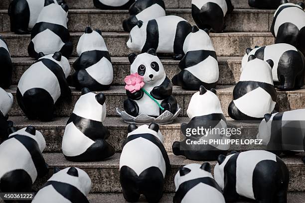 Papier-mache pandas created by French artist Paulo Grangeon are displayed on the steps of the Tian Tan Buddha statue on Lantau Island in Hong Kong on...