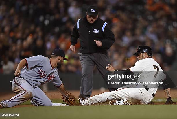 Gregor Blanco of the San Francisco Giants is tagged out at third base by Kevin Frandsen of the Washington Nationals in the bottom of the eighth...