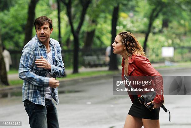 Actors Jason Sudeikis and Margarita Levieva on the set of "Sleeping With Other People" on June 9, 2014 in New York City.