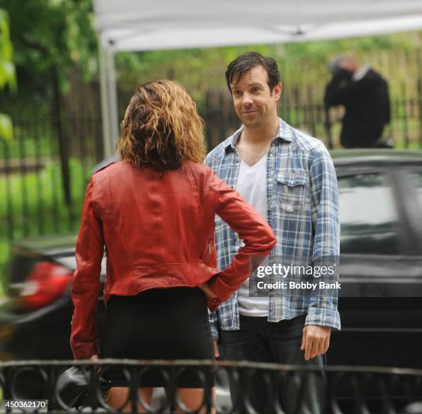 Actors Jason Sudeikis and Margarita Levieva on the set of "Sleeping With Other People" on June 9, 2014 in New York City.