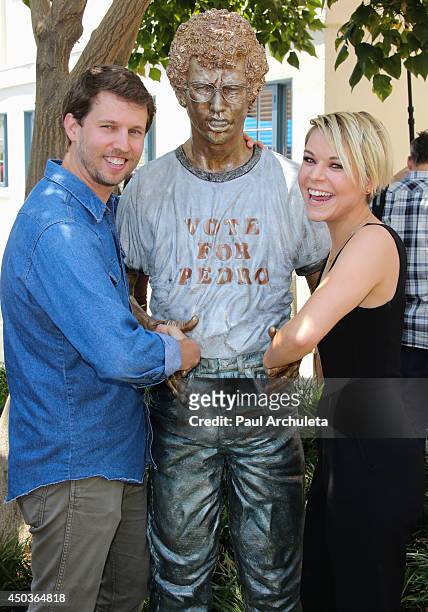 Actors Jon Heder and Tina Majorino attend "Napoleon Dynamite" 10 sweet years Blu-Ray/DVD release and statue dedication at The Fox Studio Lot on June...