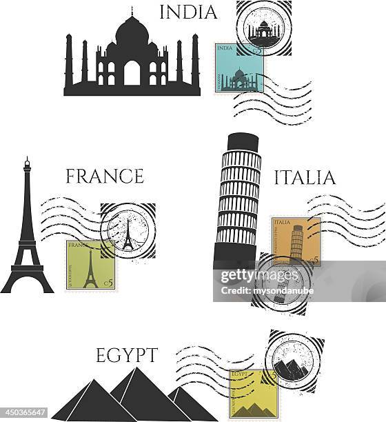 bildbanksillustrationer, clip art samt tecknat material och ikoner med vector city monuments and postage stamps - leaning tower of pisa