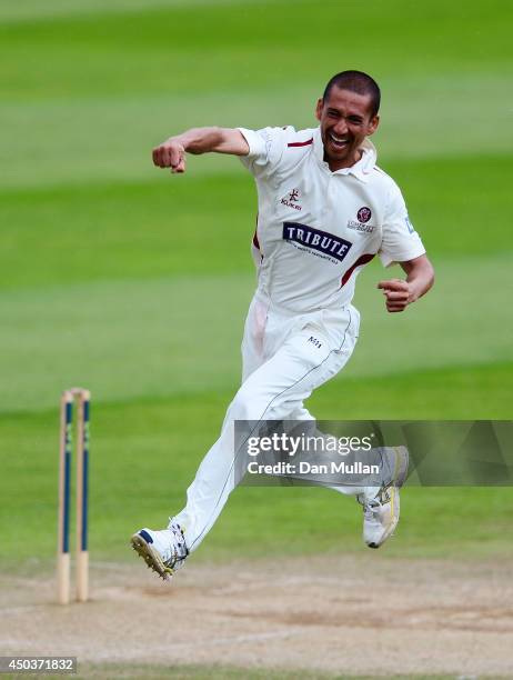 Alfonso Thomas of Somerset celebrates taking four wickets in four balls after dismissing Matt Machan of Sussex during day three of the LV County...