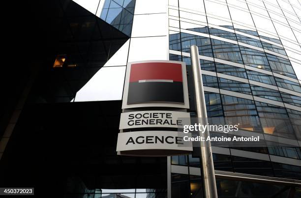 Sign hangs outside he Societe Generale headquarters in the La Defense business district on November 18, 2013 in Paris, France. Paris police are...