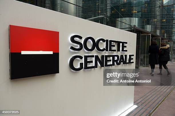 Sign hangs outside he Societe Generale headquarters in the La Defense business district on November 18, 2013 in Paris, France. Paris police are...