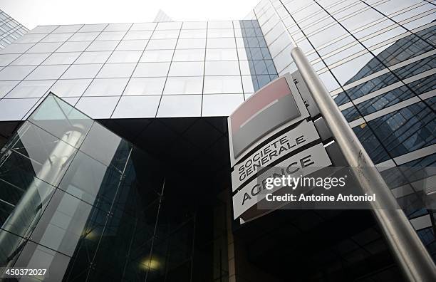 Sign hangs outside he Societe Generale headquarters in the La Defense business district on November 18, 2013 in Paris, France. Paris police are...