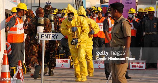 Mock earthquake rescue drill perform at India International Trade Fair on November 18, 2013 in New Delhi, India. Mock drill organized by National...
