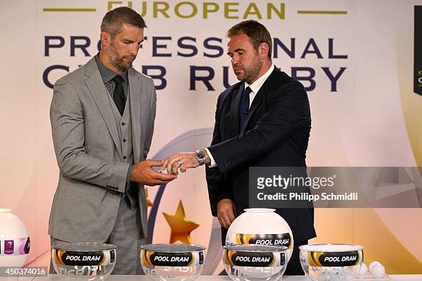 Simon Shaw and Scott Quinnell draw during the pool draws for the 2014/2015 European Rugby Champions Cup and European Rugby Challenge Cup Tournaments...