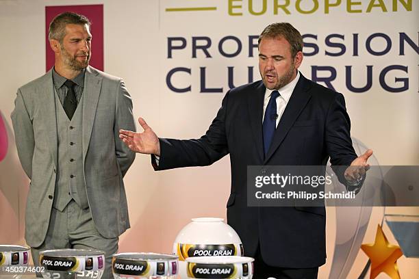 Scott Quinnell speaks next to Simon Shaw during the pool draws for the 2014/2015 European Rugby Champions Cup and European Rugby Challenge Cup...