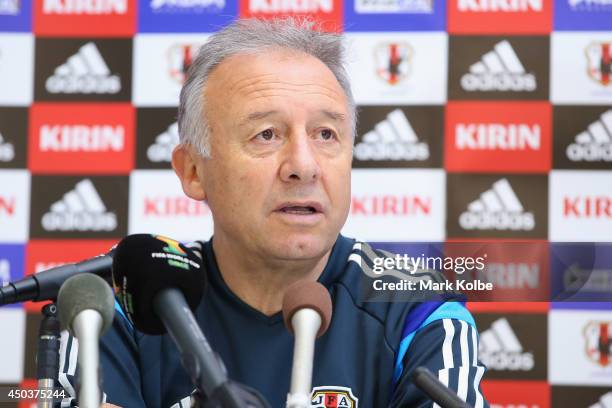 Japan head coach Alberto Zaccheroni speaks to the media during a press conference at the Japan national team base camp at the Spa Sport Resort on...