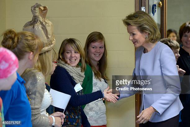 Queen Mathilde of Belgium attends a reading session with children suffering from cancer at the UZ Hospital on November 18, 2013 in Leuven, Belgium.