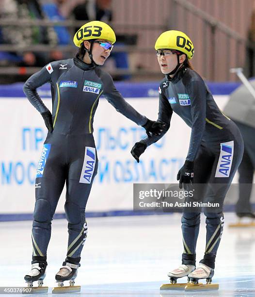 Yui Sakai of Japan speaks to Sayuri Shimizu after the Women's 3,000 metres relay final B during day four of the Samsung ISU Short Track World Cup at...