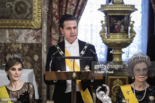 Mexican President Enrique Pena Nieto speaks at a Gala Dinner in his honour at The Royal Palace on June 9, 2014 in Madrid, Spain.