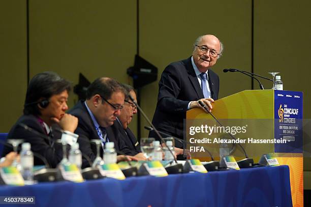 President Joseph S. Blatter speaks at the CONCACAF confederation congress at Sheraton Sao Paulo WTC hotel on June 10, 2014 in Sao Paulo, Brazil.