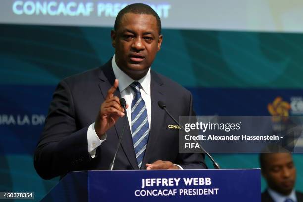 Jeffrey Webb, CONCACAF President speaks at the CONCACAF confederation congress at Sheraton Sao Paulo WTC hotel on June 10, 2014 in Sao Paulo, Brazil.