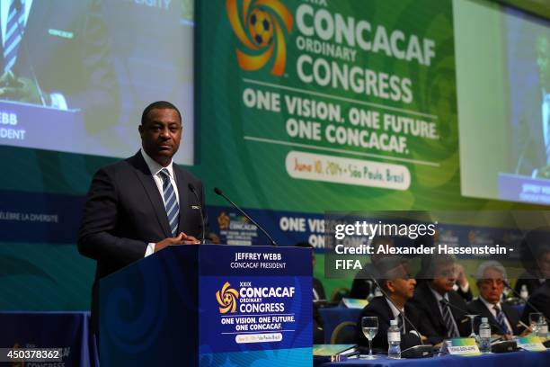 Jeffrey Webb, CONCACAF President speaks at the CONCACAF confederation congress at Sheraton Sao Paulo WTC hotel on June 10, 2014 in Sao Paulo, Brazil.