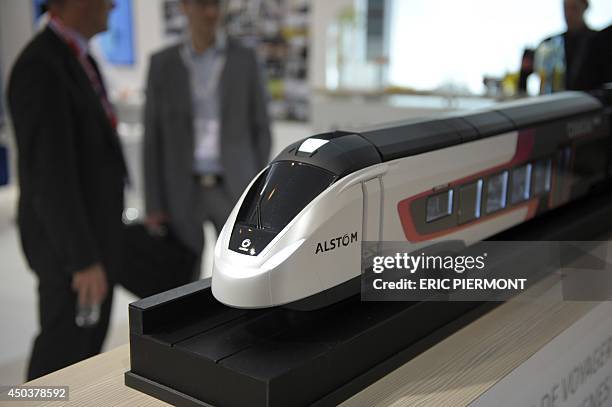 Picturew shows a model of an Alstom"Coradia" type train at the the Alstom booth during the "Transports Publics 2014" European Mobility Exhibition in...