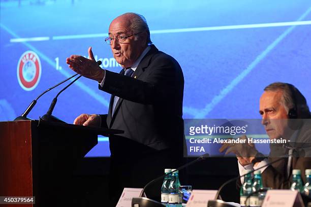 President Joseph S. Blatter speaks at the UEFA confederation meeting at Renaissance Sao Paulo hotel on June 10, 2014 in Sao Paulo, Brazil.
