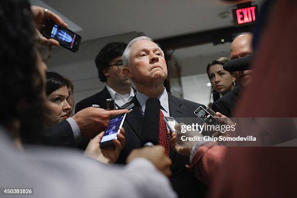 Senate Armed Services Committee Member U.S. Sen. Jeff Sessions talks with reporters after being briefed by military officals about the prisoner...