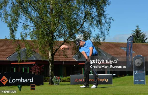 June 10 : Craig Mackie of Scotscraig Golf Club on the 1st tee during the Lombard Trophy - Scotland Regional Qualifier at Ladybank Golf Club on June...