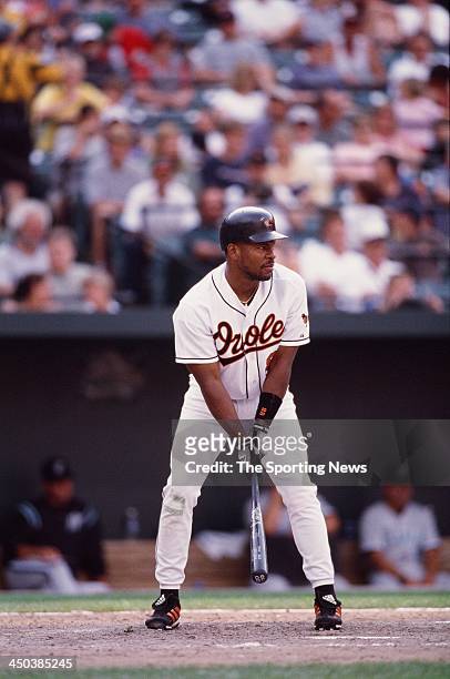 Albert Belle of the Baltimore Orioles bats against the Florida Marlins at Oriole Park at Camden Yards on July 16, 2000 in Baltimore, Maryland.