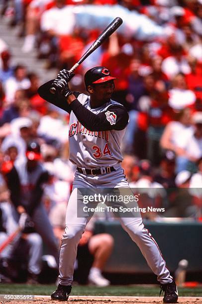 Juan Encarnacion of the Cincinnati Reds bats against the St. Louis Cardinals at Busch Stadium on May 18, 2002 in St. Louis, Missouri.