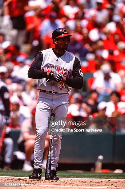 Juan Encarnacion of the Cincinnati Reds bats against the St. Louis Cardinals at Busch Stadium on May 18, 2002 in St. Louis, Missouri.