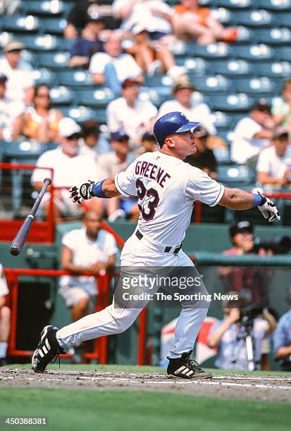 Todd Greene of the Texas Rangers bats during the game against the Houston Astros at The Ballpark in Arlington on September 2, 2002 in Arlington,...