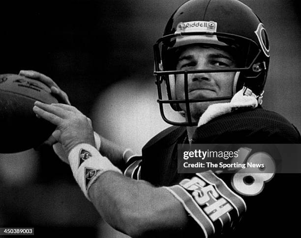 Quarterback Mike Tomczak of the Chicago Bears during an NFL game circa 1990 at Soldier Field in Chicago, Illinois. Tomczak played for the Bears from...