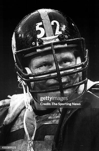 Mike Webster of Pittsburgh Steelers looks on during a game circa 1982 at Three Rivers Stadium in Pittsburgh, Pennsylvania. Webster played for the...