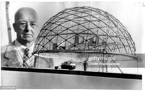 Buckminster Fuller in vintage photo outside New City Hall, April 6, 1978. Original caption read, "Buckminster Fuller loves Toronto's New City Hall:...