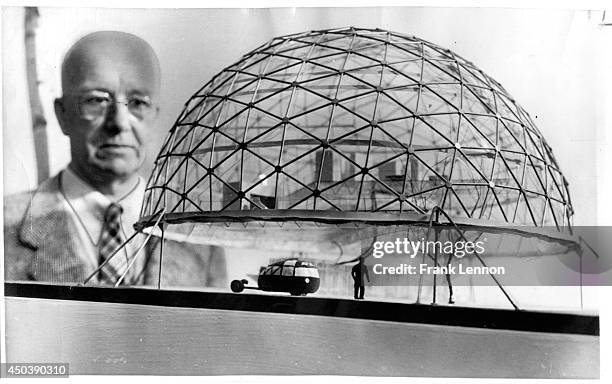 Buckminster Fuller in vintage photo outside New City Hall, April 6, 1978. Original caption read, "Buckminster Fuller loves Toronto's New City Hall:...