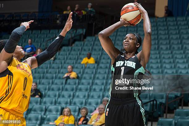 DeLisha Milton-Jones of the New York Liberty shoots against the Tulsa Shock during the WNBA game on June 10, 2014 at the BOK Center in Tulsa,...