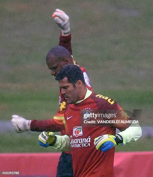 Brazilian national football team goalkeepers Julio Cesar and Jefferson train at the squad's Granja Comary training complex in Teresopolis, Brazil on...