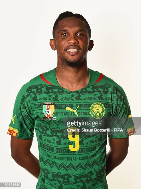 Samuel Eto'o of Cameroon poses during the official FIFA World Cup 2014 portrait session on June 9, 2014 in Vitoria, Brazil.